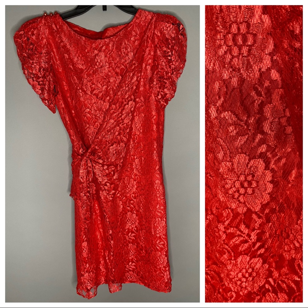 Vintage red Seneca lace formal dress, size 3/4